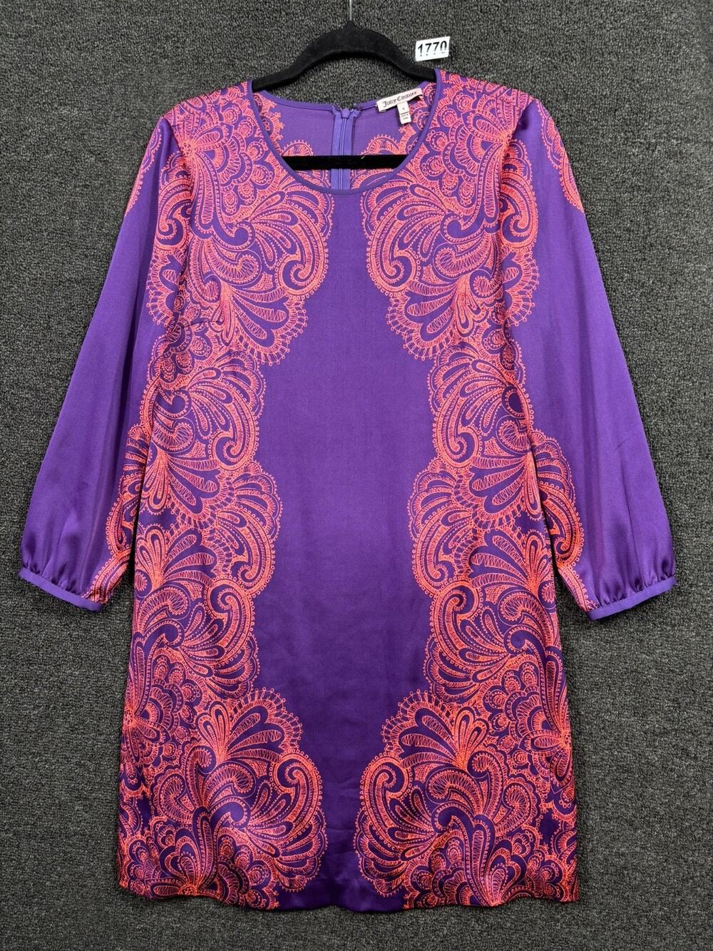 Juicy Couture Shift Dress Size 6 Purple Pink Paisley 3/4 Sleeves Bohemian